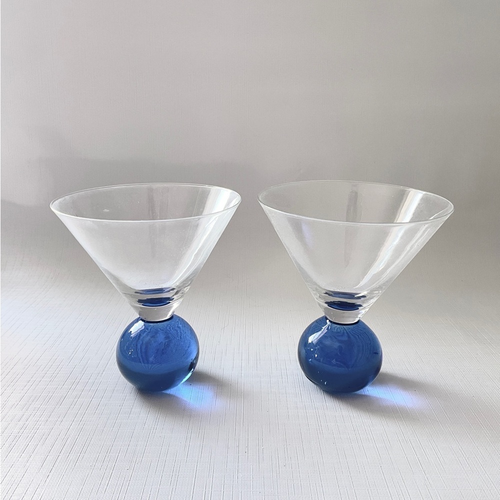 MCM Scandinavian Sphere Pedestal Cobalt Blue Ball Stem Martini Glass Set of 2